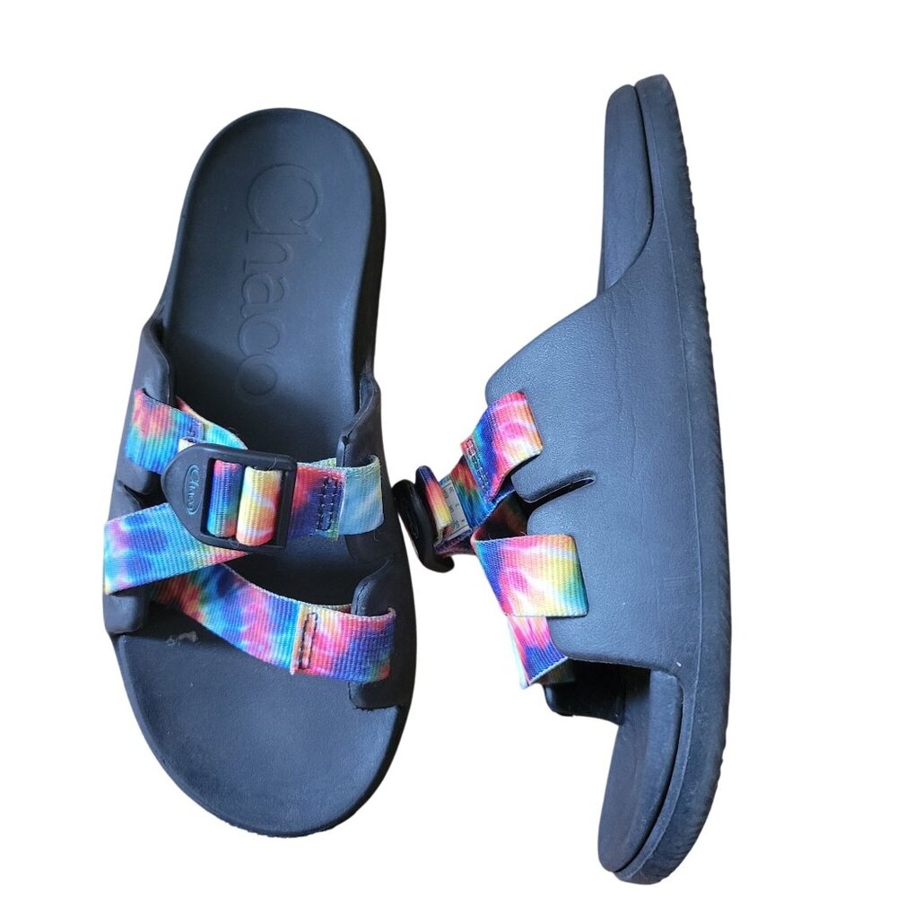 Chaco Youth Summer Rainbow Tie Dye Slide Sandals 4 CHILLOS